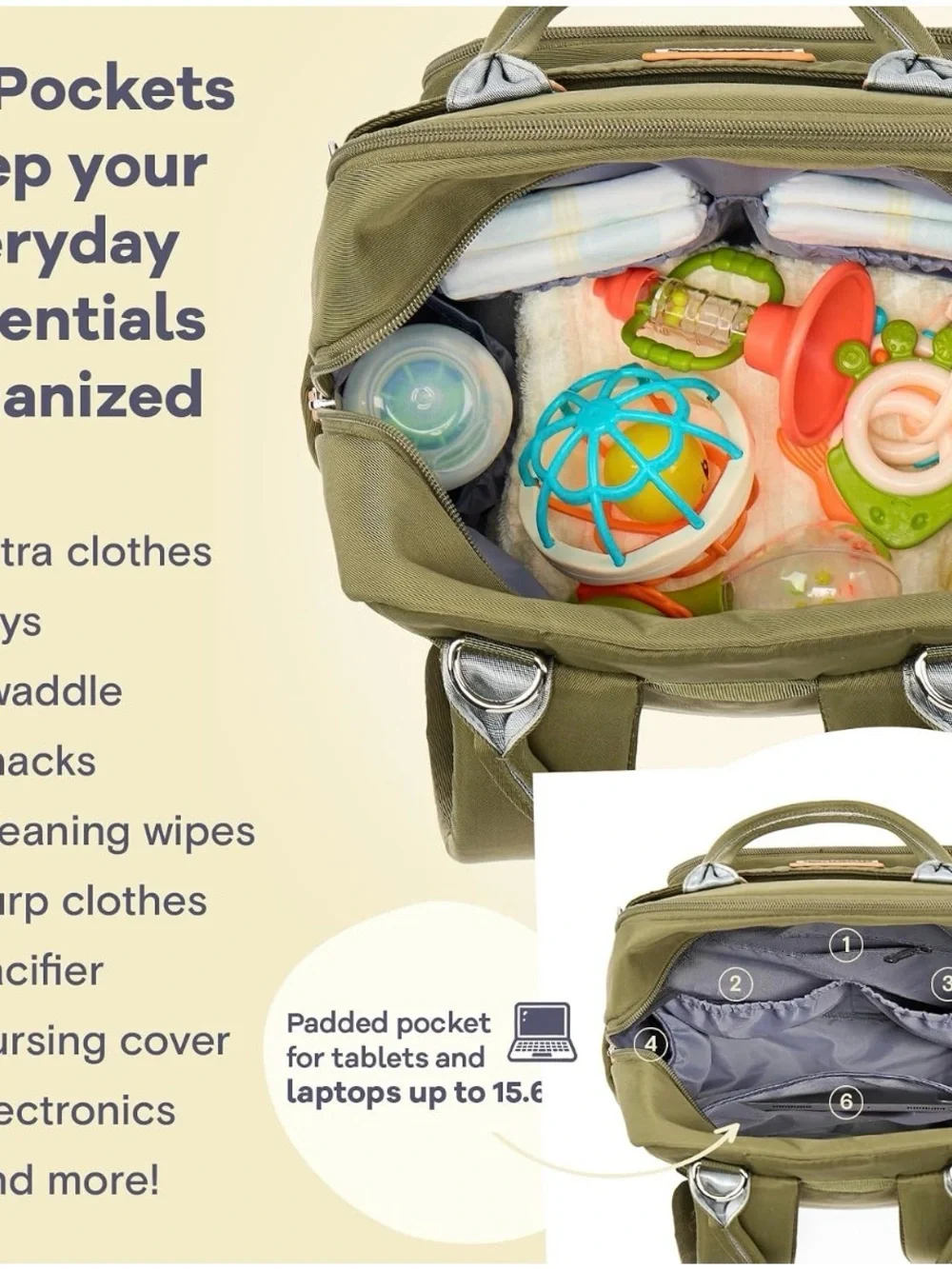 Olive Green Diaper Bag Backpack with Tan Accents